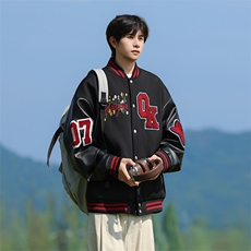 JK5872-P85美式拼接刺绣皮质撞色棒球服飞行员夹克外套控149，男装夹克，星座109