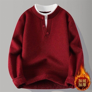 M2510JR-P68假两件V领毛衣男生秋冬季加绒加厚保暖针织衫,飞车搭配男生好看图片