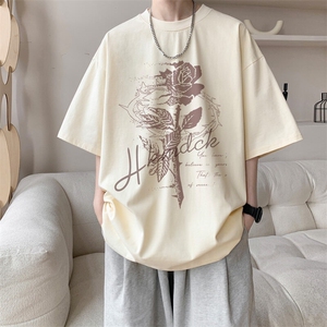 图案已注册夏季新款玫瑰印花短袖T恤男潮宽松半袖打底衫D022/P25图片