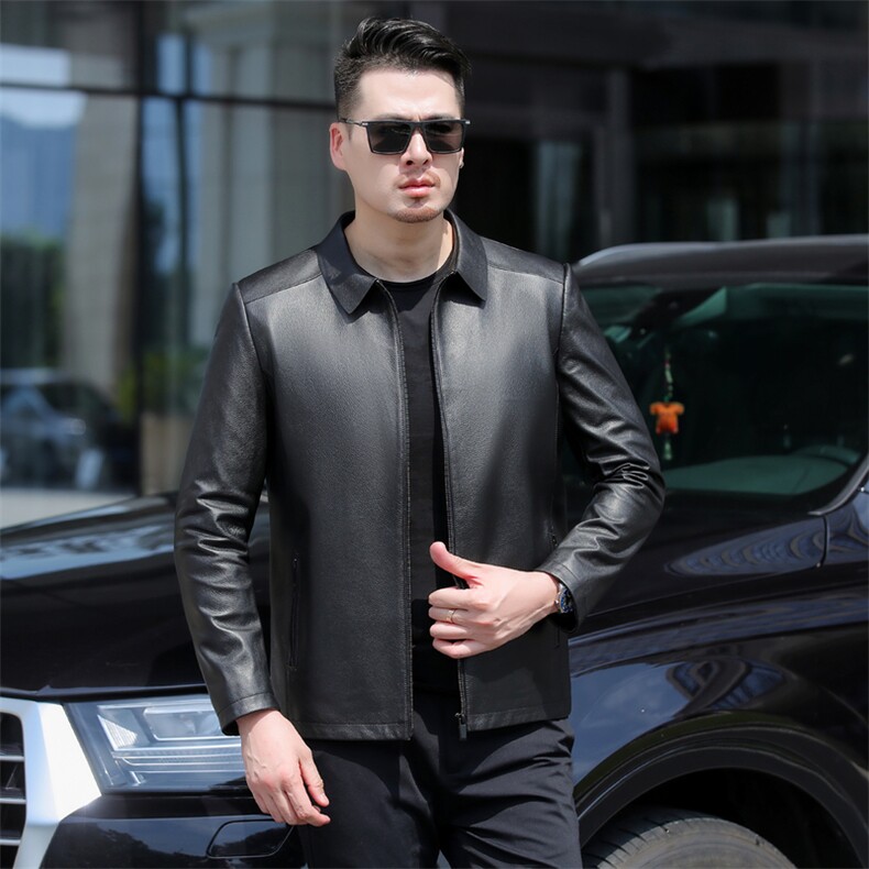 春秋款男士皮衣头层牛皮外套纯色翻领夹克中年商务爸爸装大码，男装夹克，电商B360
