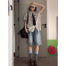 TC547-P45美式趣味小狗毛巾绣格子短袖衬衫夏季新款衬衣，女装衬衫，星座617A-2