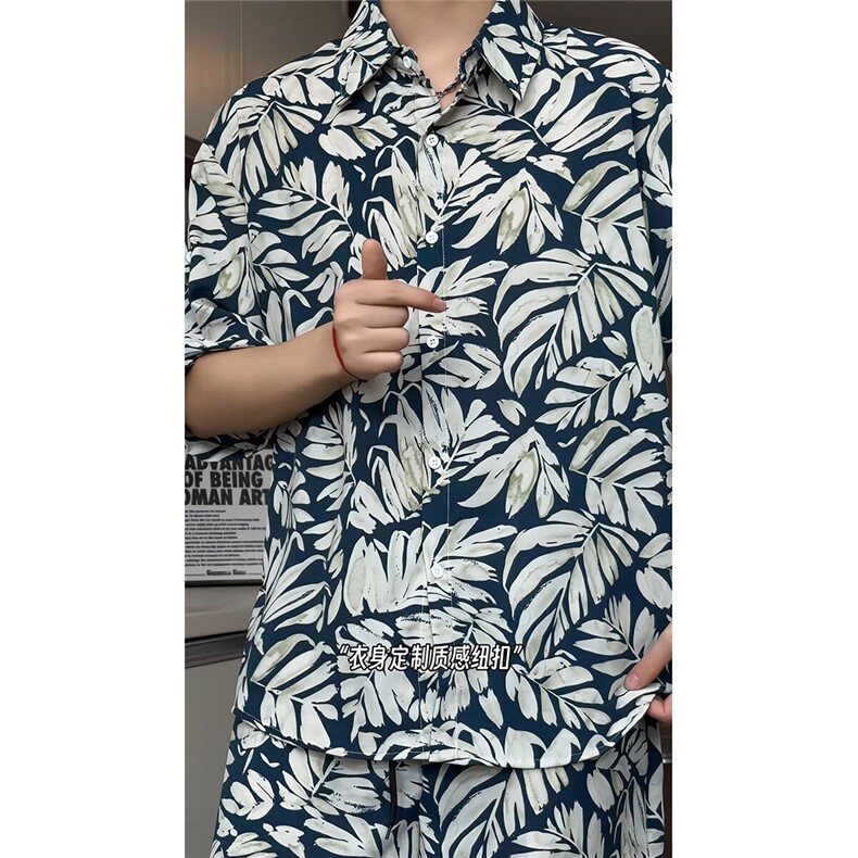 短袖衬衫男+短裤男套装男100%聚酯纤维M-5XL大码TZ78707P50控98图片