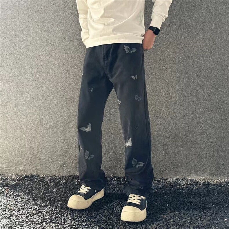 1506-1/KT3511/P57黑色刺绣牛仔裤男时尚帅气小众设计感裤子百搭图片
