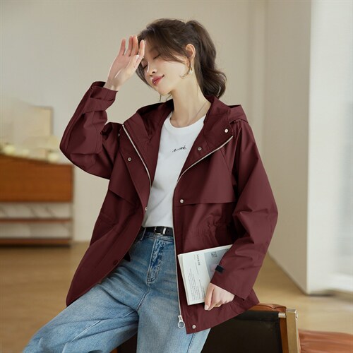 2026年春季连帽休闲宽松显瘦时尚短款风衣，女装风衣，文熹诺