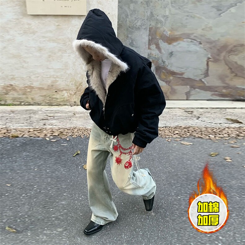 现货高品质美式高街冬季重磅硬挺短款座山雕毛领棉衣男女加厚外套，男装棉衣，电商A486