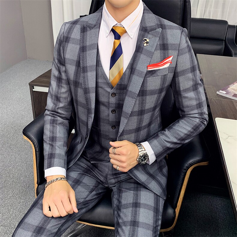 秋冬西服套装男士三件套青年格子帅气韩版修身西装A470-TZ09-P285,男装西服套装,电商A207