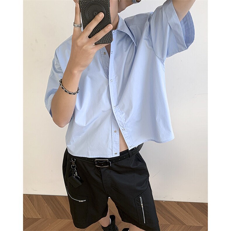 夏季薄款纯色短版衬衫男女学生高级感宽松廓形cleanfit男短袖衬衣,男装T恤,星座601-1