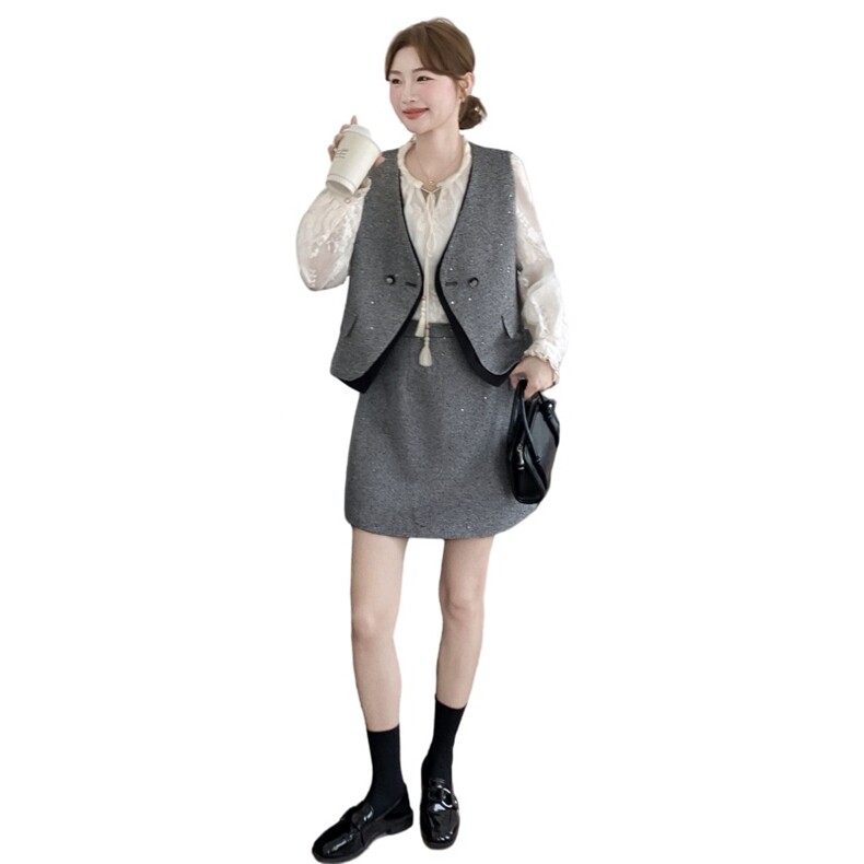 现货-2025年秋季新款气质时尚显瘦马甲衬衣三件套,女装套装/套裙,1D102-1