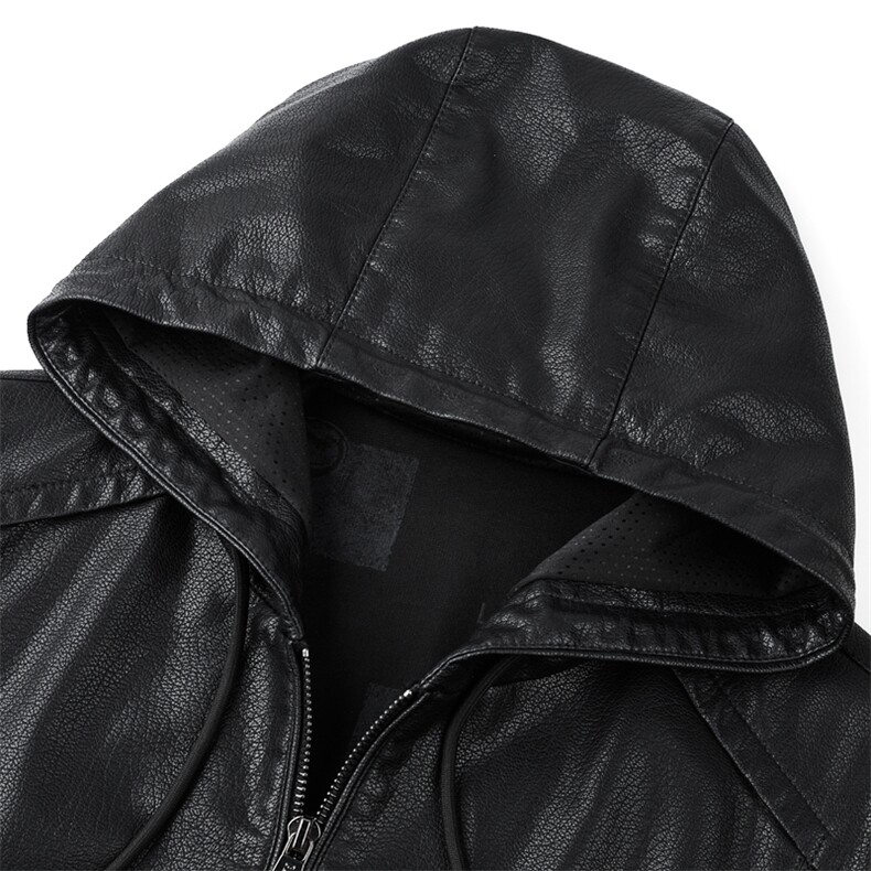皮衣男士宽松连帽机车服上衣春秋季新款休闲皮夹克外套(加绒150元,男装夹克,钱塘6003（原4033）
