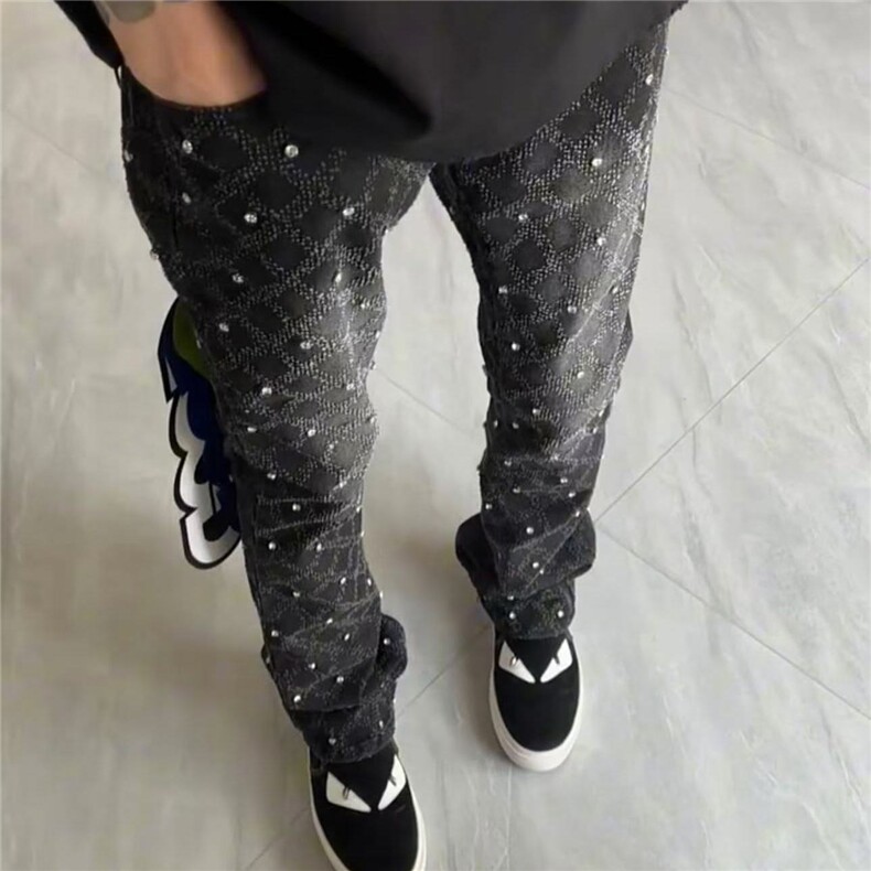 高街美式黑色男士满天星牛仔裤柳丁破洞刺绣弹力潮流牛仔裤,男装牛仔裤,四季星座505