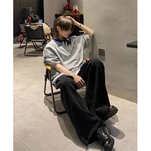 美式休闲撞色拼接翻领刺绣polo衫短袖T恤夏季宽松假两件T0008