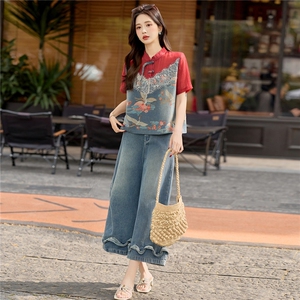 新中式牛仔套装女夏蕾丝拼接盘扣上衣阔腿裤两件套巨好看图片
