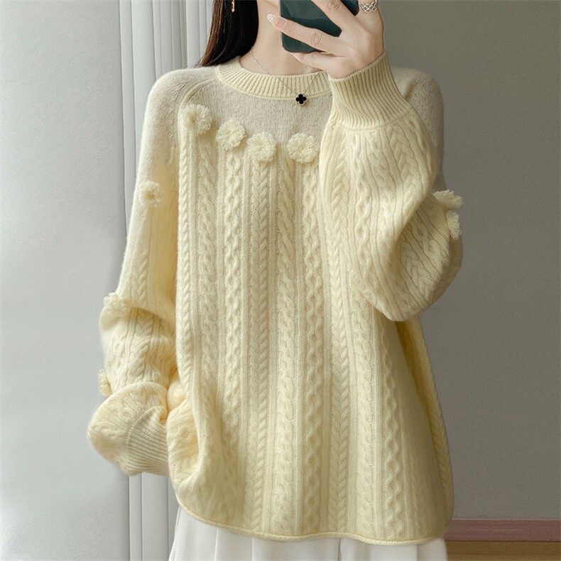 重工绣花100%纯羊毛衫女圆领加厚刺绣提花针织毛衣宽松打底羊绒衫，女装针织衫/毛衣，江南羊绒