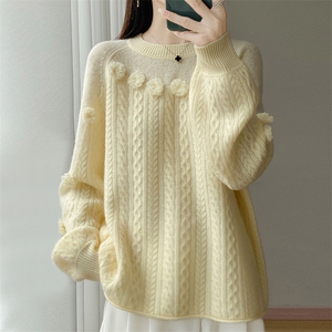 重工绣花100%纯羊毛衫女圆领加厚刺绣提花针织毛衣宽松打底羊绒衫，女装针织衫/毛衣，江南羊绒