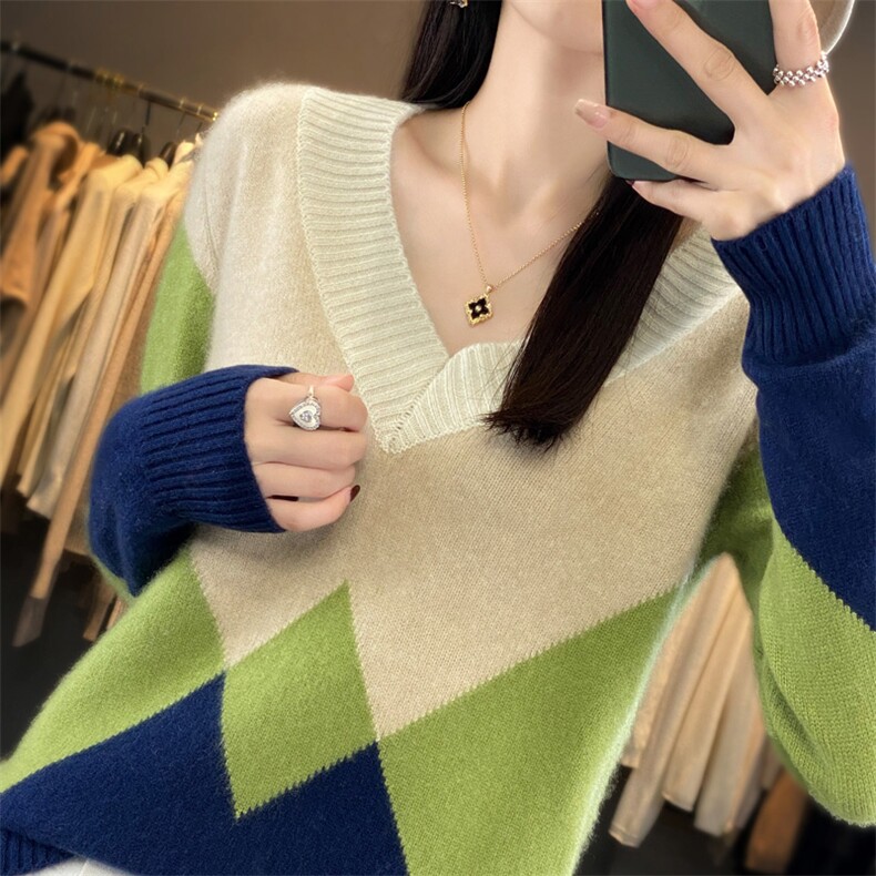 秋冬新款V领100羊毛衫女长袖撞色套头毛衣宽松羊毛针织拼色打底衫,女装羊毛衫,琳华羊绒