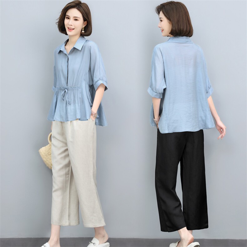 (新款)2024年夏天丝棉麻两件套女中老年妈装T恤阔腿裤三年不下架，女装套装/套裙，璐依舞