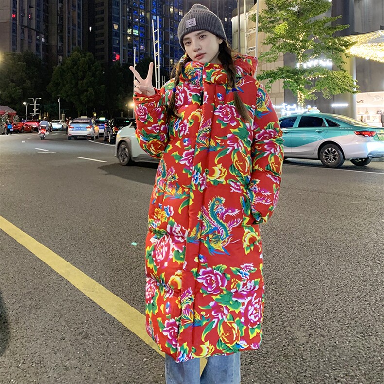 A5长款棉衣外套东北大花风汉服男女宽松保暖防寒连帽棉袄情侣图片