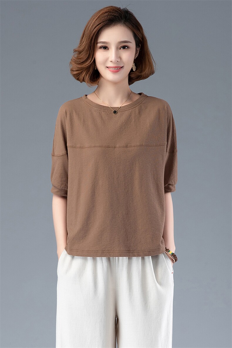 夏季短袖t恤女2025新款中年妈妈韩版宽松休闲中袖显瘦棉麻,女装T恤,阿丹