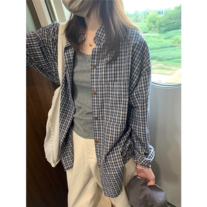 高级感蓝格子衬衫女复古百搭上衣宽松休闲长袖衬衣新款WLC166-P35,男装衬衫,星座1008