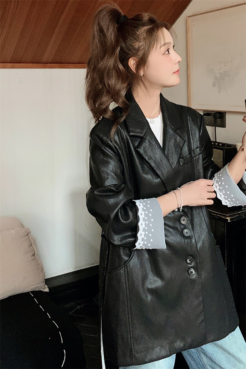 蕾丝拼接高端PU西装外套-C051-F674-P215-K298,女装短外套,2C051