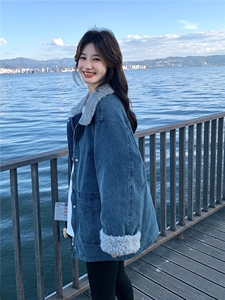 美式蓝色羊羔毛领牛仔外套女2025冬季新款高级感休闲宽松夹克上衣图片