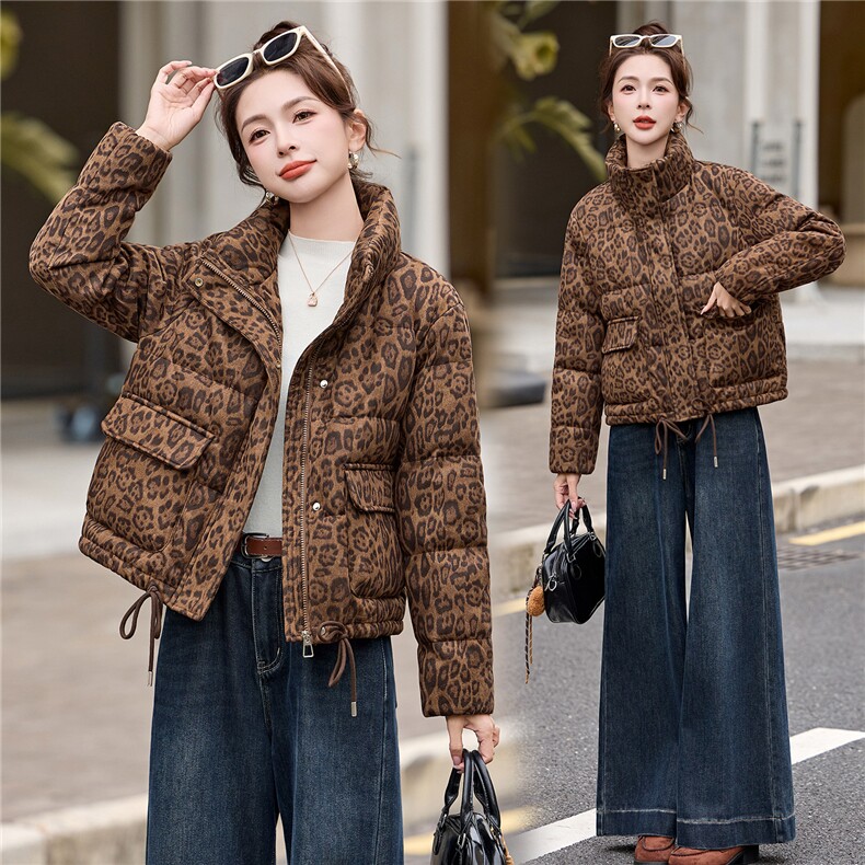 豹纹羽绒服女2025秋冬新款短款小个子韩版显瘦超好看立领加厚外套，女装羽绒服，拾衣