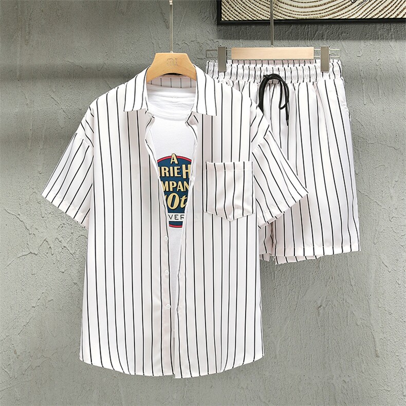 夏季青年花色印花衬衫套装男士多色宽松短裤套装TZ008-P45-控价79，男装休闲套装，电商A128
