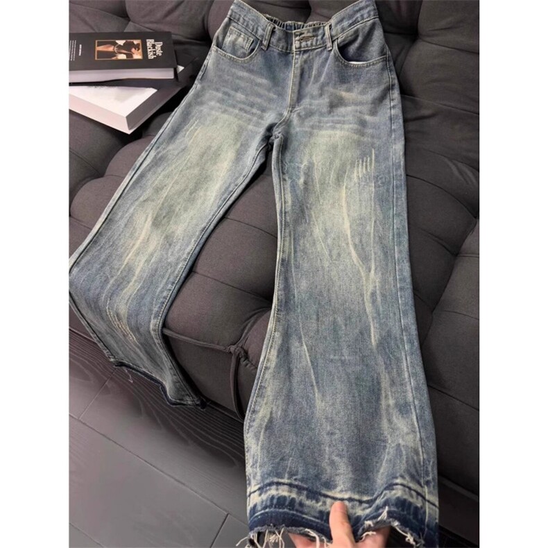 美式复古牛仔裤男秋季设计感高街潮牌直筒阔腿微喇裤子LA4644-P48图片