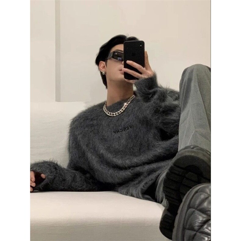 风格狗头图案马海毛毛衣圆领套头针织衫男女情侣同款长袖潮，男装针织衫/毛衣，星座506A