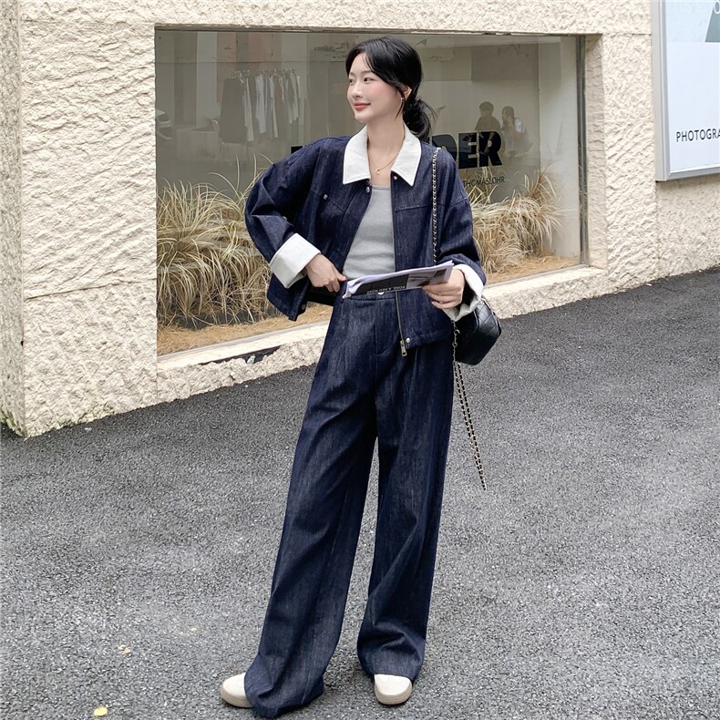 蓝色甜酷撞色小外套阔腿裤套装两件套女2025早秋季高级感时尚穿搭,女装套装/套裙,2C236