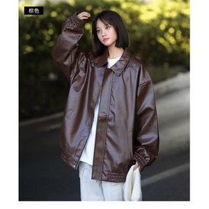 美拉德棕色皮衣外套机车服翻领复古宽松PU夹克上衣Y1023-P68网图图片