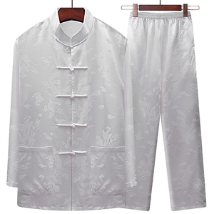 25新款夏款中老年风唐装真丝绸长袖套装太极服套装图片