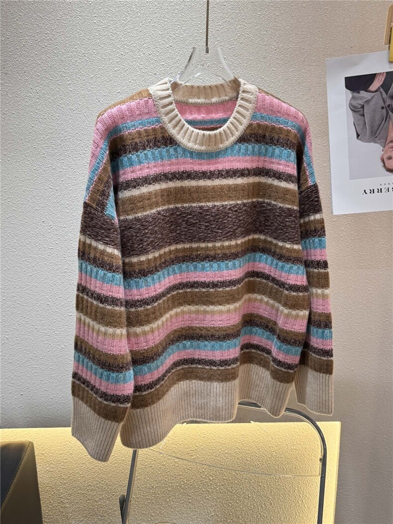 羊绒衫女秋冬新款圆领条纹拼色宽松毛衣百搭时尚针织打底衫,女装羊绒衫,大千羊绒