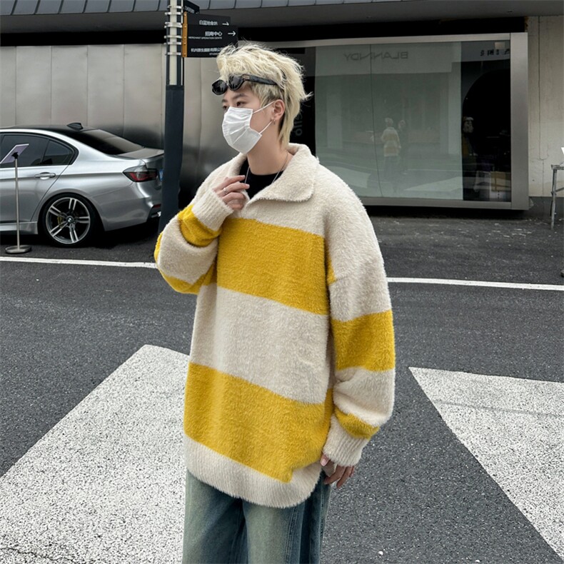 秋冬季条纹仿貂绒毛衣潮流宽松保暖慵懒风针织衫,男装针织衫/毛衣,星座410-6（原星座1304-1）