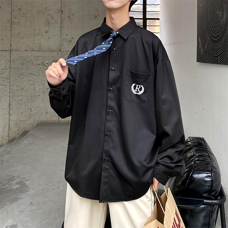 DK/JK制服港风刺绣长袖宽松阔版衬衫学生班服送领带C916-P40现货,男装衬衫,电商A157-1