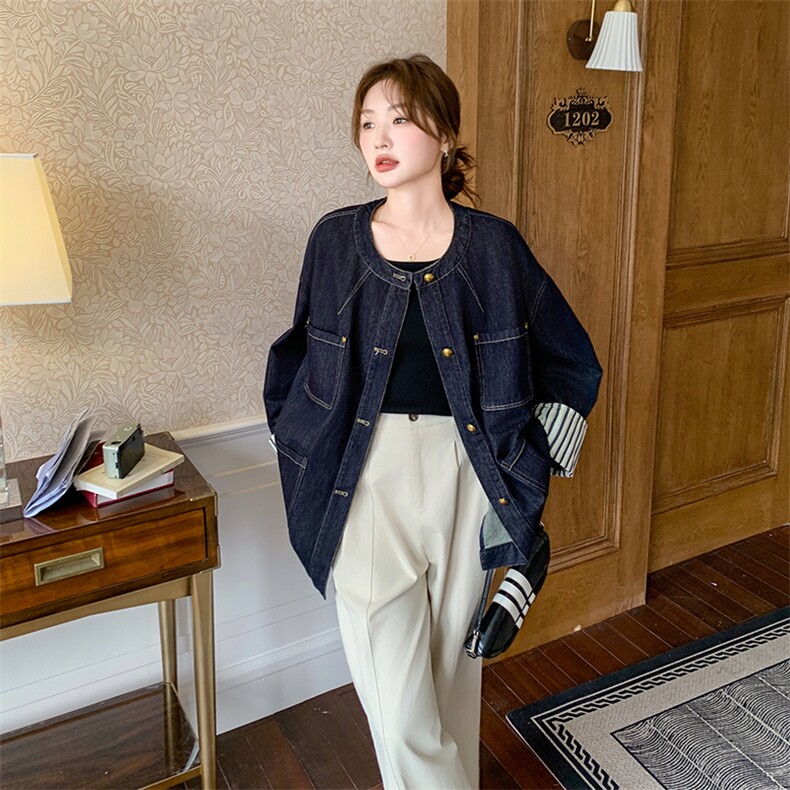 条纹拼接韩系复古牛仔工装外套女2025年秋季新款设计感圆领上衣潮,女装短外套,2C108