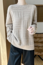 秋冬100%纯羊毛衫女圆领提花加厚长袖毛衣宽松羊绒衫针织打底上衣，女装羊毛衫，鸿陌羊绒