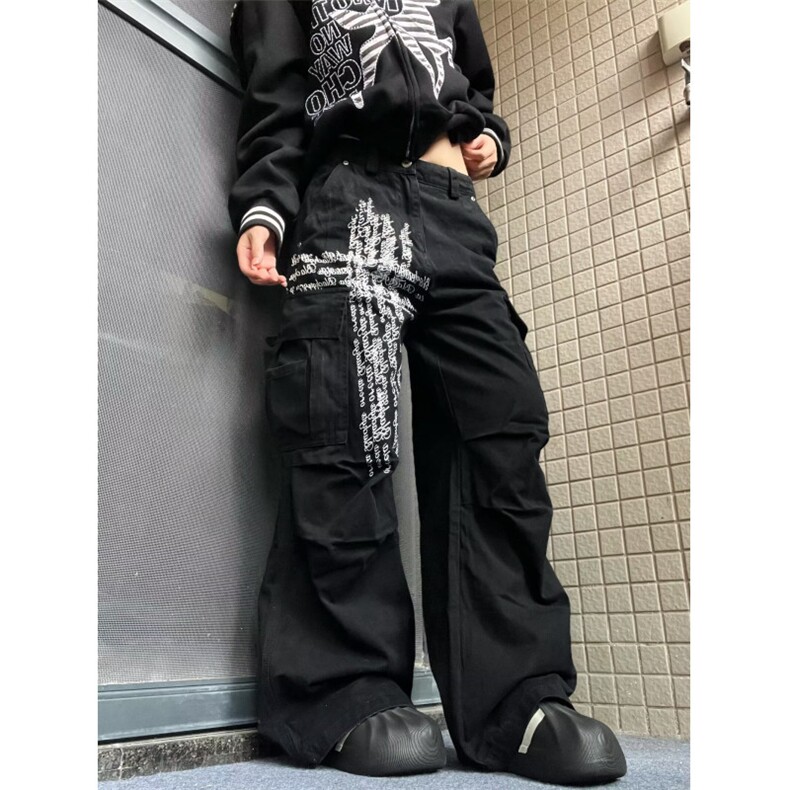 美式水洗直筒宽松牛仔裤男女潮牌裤子街头阔腿裤黑色显高休闲长裤，男装牛仔裤，星座813-2