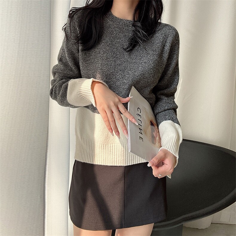 圆领撞色羊毛衫女款2024新款毛衣女加厚花纱慵懒风针织衫女，女装羊毛衫，臻纶羊绒