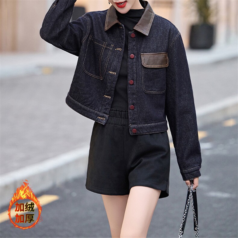 安可拉红牛仔外套女高级感撞色上衣2024秋冬加绒加厚PU皮拼接夹克，女装牛仔外套，美拉德工厂直营店