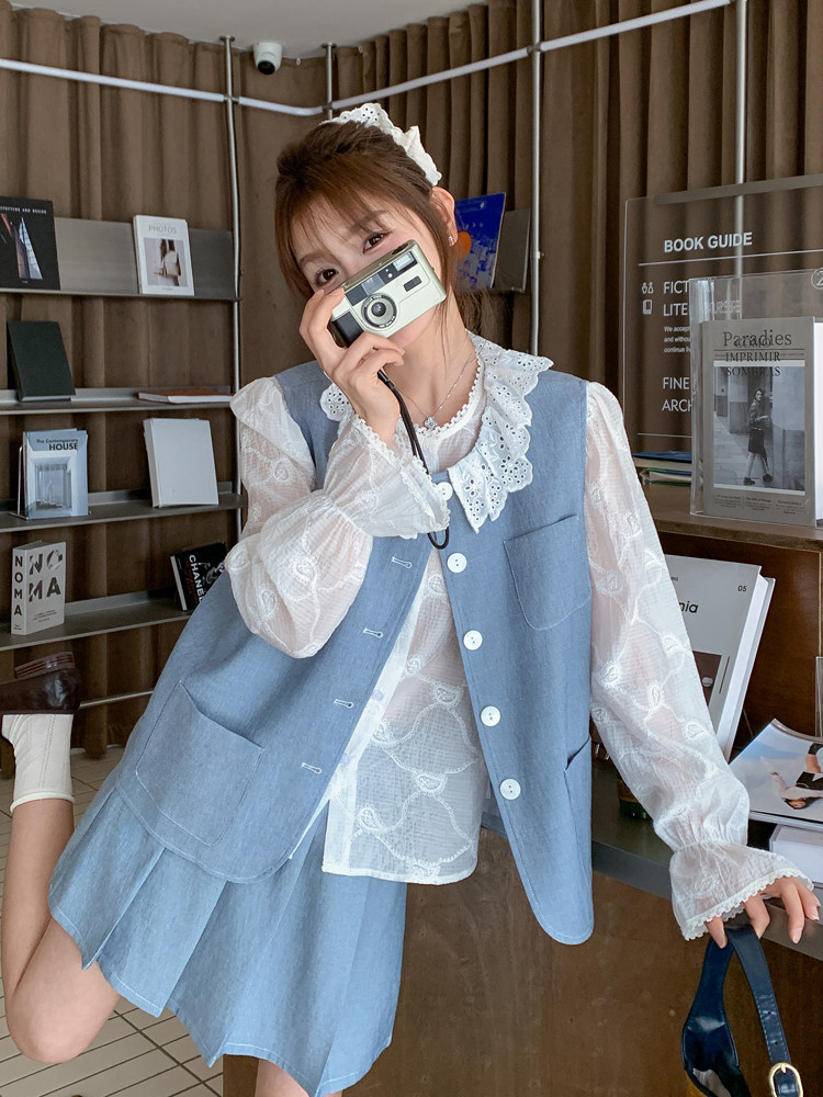 韩系设计感套装女2026新款超火减龄上衣马甲百褶裙穿搭三件套,女装套装/套裙,浙宝128A