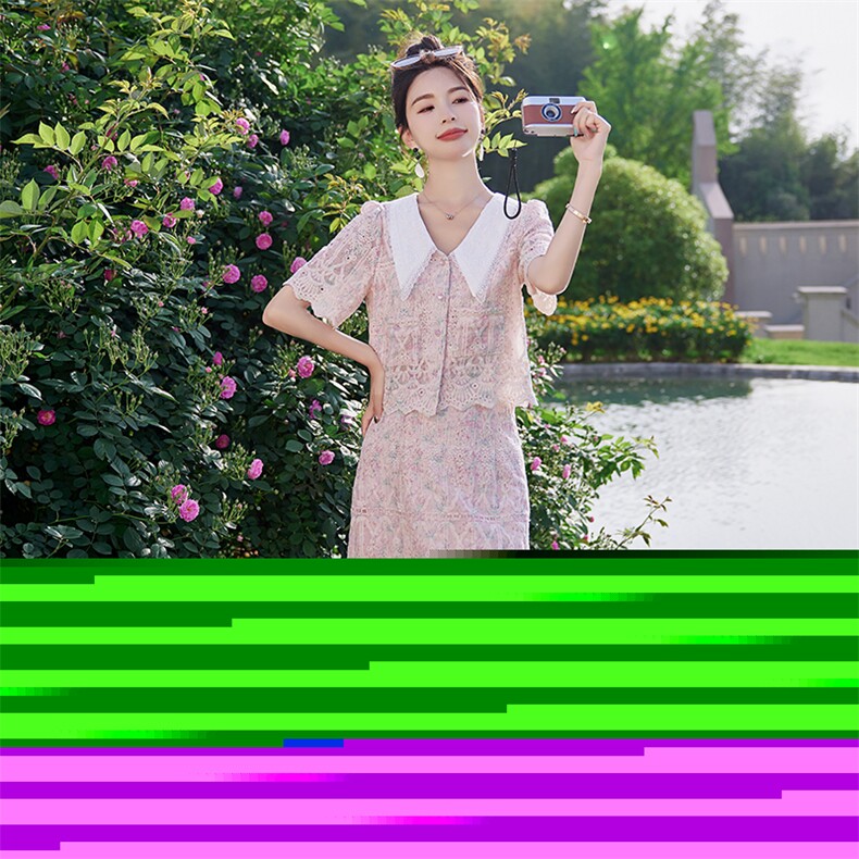 高贵小香风套装裙女2024夏新款娃娃领粉色蕾丝今年流行漂亮两件套,女装套装/套裙,依路服饰