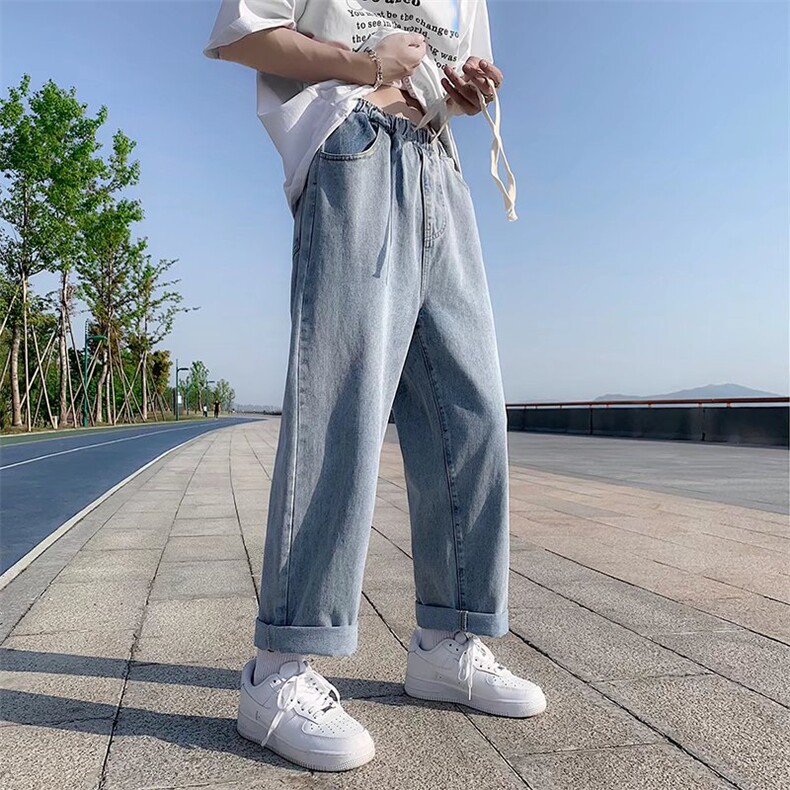 美式高街复古牛仔裤男士纯色抽绳长裤宽松直筒vibe裤子N003-P35图片