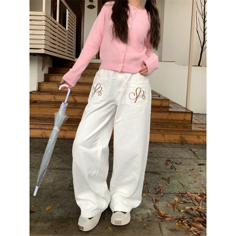 欧美街头潮牌反穿脏脏牛仔裤女高街风刺绣宽松显瘦直筒阔腿拖地裤,男装牛仔裤,四季星座505
