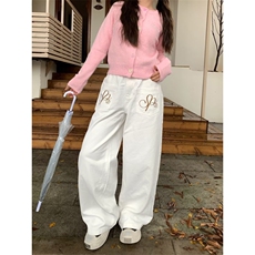 欧美街头潮牌反穿脏脏牛仔裤女高街风刺绣宽松显瘦直筒阔腿拖地裤，男装牛仔裤，四季星座505