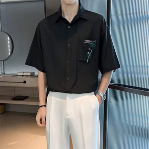 夏季潮流日常短袖男衬衫文艺标准百搭潮简约五分袖