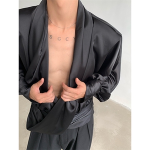 现货！性感男模大V领设计感垫肩宫廷风衬衫上衣CS61-P98图片