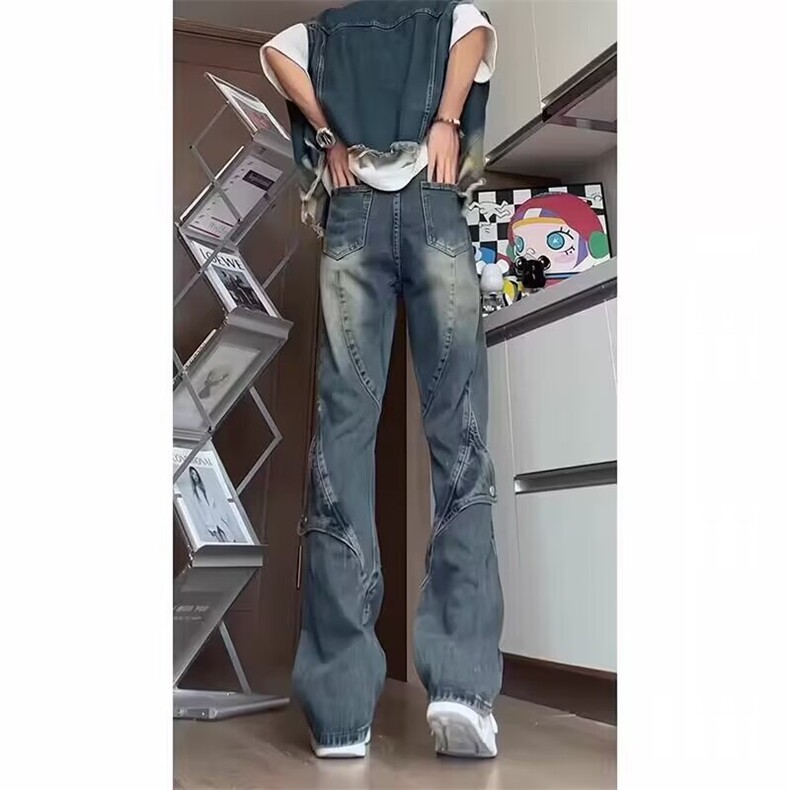 美式复古排扣牛仔裤阔腿宽松潮男裤直筒修身微喇叭裤AM1100P49,男装牛仔裤,星座1013-5
