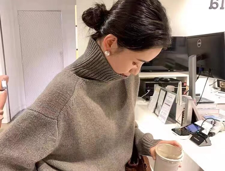 秋季新款舒适显瘦时尚百搭小窄边高翻针织衫,女装羊毛衫,恒恩羊绒