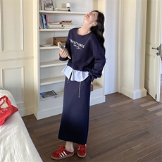 藏青色卫衣套装裙女春2025新款韩版印花长袖上衣A字半身裙两件套，女装套装/套裙，浙宝220